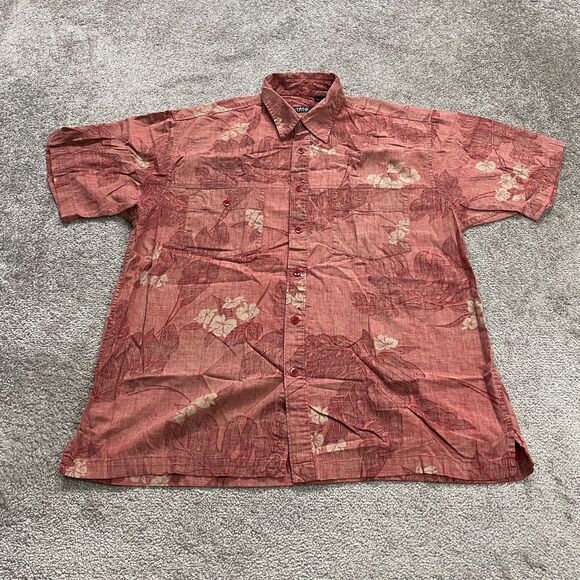 Izod Jeans Hawaiian Shirt Mens Large Red Floral Short Sleeve Button Down Cotton - Picture 1 of 11